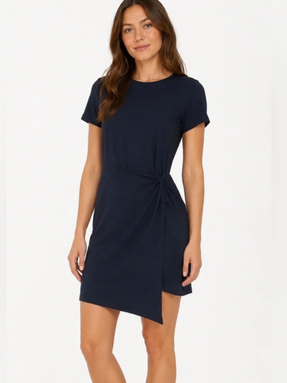 Threads 4 Thought Womens Navy Side Tie Faux Wrap Short Sleeve Knit Mini Dress M